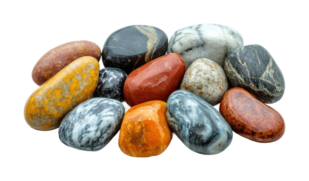 Set of multicolored tumbled stones in diverse shapes and patterns, vibrant polished natural mineral decor and geology art isolated on transparent background