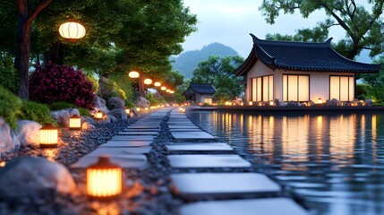 Tranquil evening stroll along lantern-lit pathway japanese garden scenic photography serene environment ground view nature's beauty