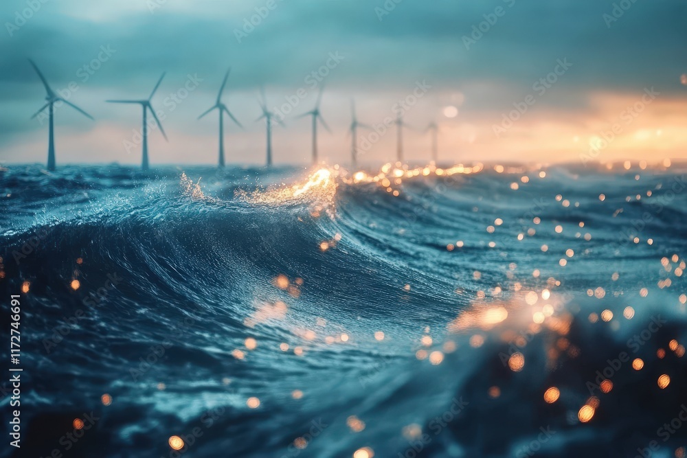 Poster modern wave power technology concept featuring innovative renewable energy solutions with wind turbi