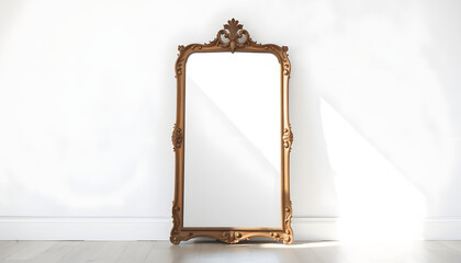 Antique mirror standing on the floor against a white wall with sunlight shining in, Backlit
