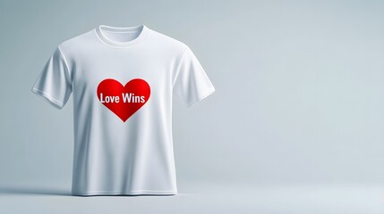 Promoting love wins message on t-shirt studio setting product photography minimalist environment front view positive concept