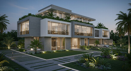 Fototapeta premium Modern Luxury Villa at Dusk Exterior Night View Tropical Landscaping Contemporary Architecture