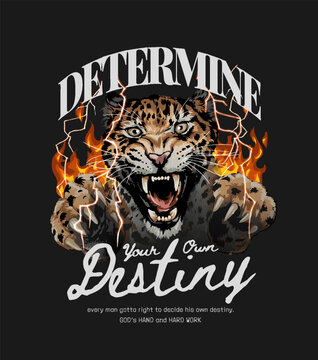 typography slogan with roaring leopard and lightning vector illustration on black background