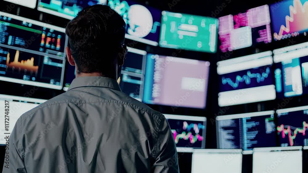 Poster professional trader analyzes market data at a busy trading desk in a financial hub