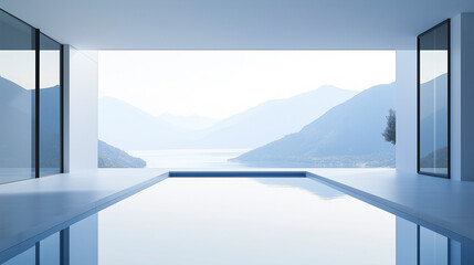 Infinity pool overlooking a serene lake and misty mountains.