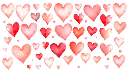 Hearts of different shapes and sizes watercolor illustrations collection. Shabby chic style, retro, vintage hearts. Hearts isolated on white background, cinematic