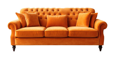 Stylish orange velvet sofa with tufted backrest, elegant furniture design, luxury modern couch with soft cushions, home interior decor, and comfortable seating isolated on transparent background