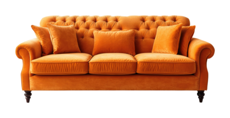Stylish orange velvet sofa with tufted backrest, elegant furniture design, luxury modern couch with soft cushions, home interior decor, and comfortable seating isolated on transparent background