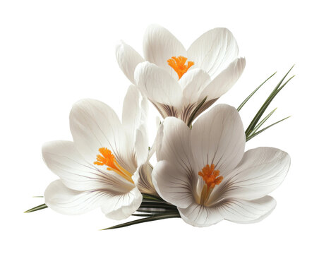 White crocus flowers in bloom, vibrant spring floral display with delicate petals and orange centers, elegant botanical arrangement isolated on transparent background