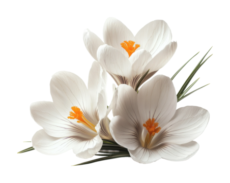 White crocus flowers in bloom, vibrant spring floral display with delicate petals and orange centers, elegant botanical arrangement isolated on transparent background