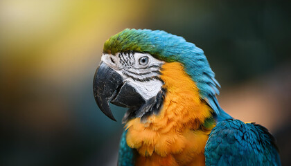 A close-up portrait of a colorful macaw.