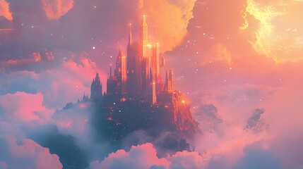 Fototapeta premium Magical Castle in the Clouds with Glowing Light Effects