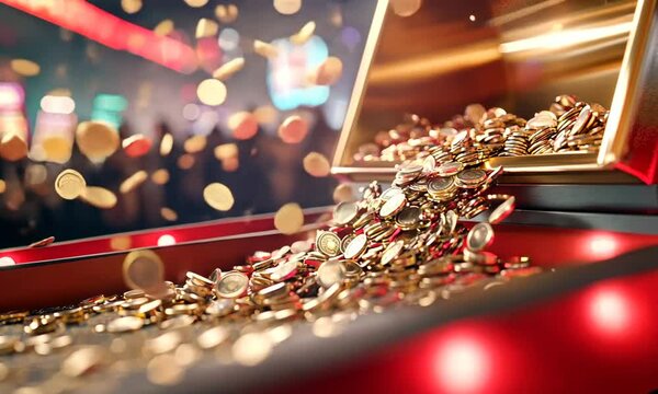 A close-up of coins in a bright, inviting casino setting.