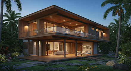 Modern Tropical Two Story House Design Dusk Exterior View Wooden Architecture