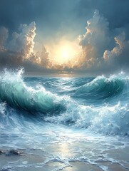 Fototapeta premium Majestic Ocean Waves Crashing at Sunset: A Stunning Digital Painting. AI Generated