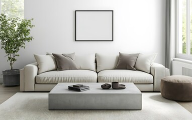 Modern living room interior design, beige sofa, minimalist decor, empty frame, natural light.
