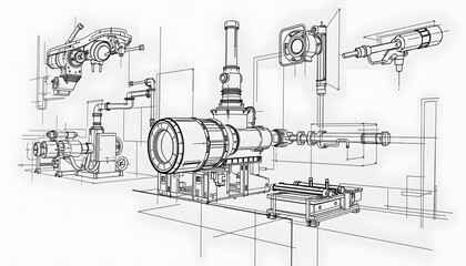 Obraz premium Industrial sketch drawings showcasing machine design concepts, angled photoshot, with white tones