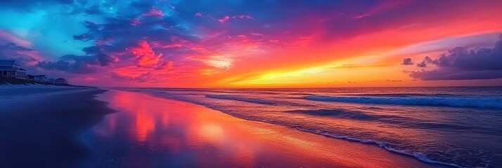 Fototapeta premium Tranquil Wide Angle View of a Vibrant Beach Horizon at Sunset with Stunning Colors and Calm Waves Reflecting in the Gentle Ocean