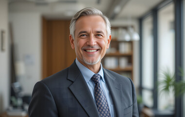 Fototapeta premium Happy mid aged older business man executive standing in office. Smiling 50 year old mature confident professional manager, confident businessman investor looking at camera, headshot close up portrait.