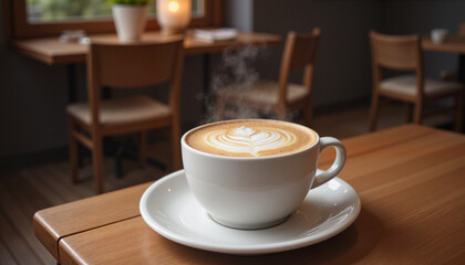 Cup of steaming coffee on wooden table in cozy café