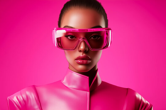 Futuristic portrait of a woman wearing oversized pink visor glasses and a matching high-neck outfit.