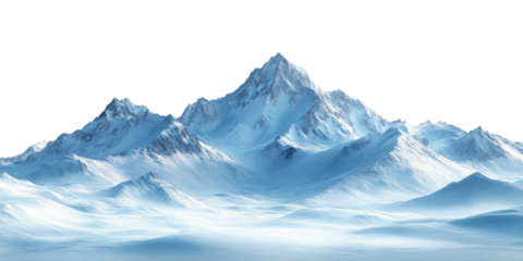 Snowy mountain peaks with misty valleys, winter landscape, majestic alpine scenery, frozen wilderness, cold weather, travel adventure, natural beauty, isolated on transparent background