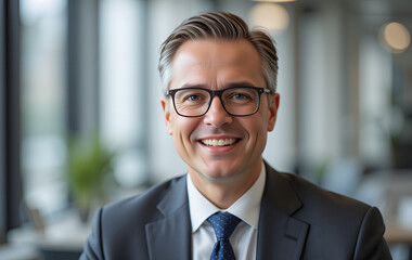 Fototapeta premium Happy middle aged professional business man, smiling mature executive ceo manager, 45 years old male entrepreneur, confident business owner wearing glasses in office. Headshot portrait.