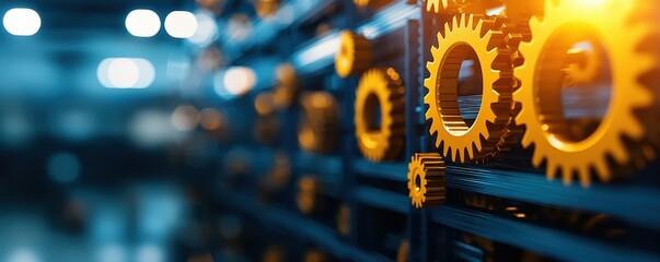Close-up of interconnected gears in a modern industrial setting with a blue backdrop.