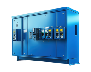 Blue electrical control box with multiple outlets, durable industrial-grade design, modern utility equipment for power management and distribution, technology panel isolated on transparent background