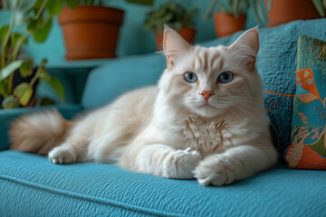A white cat with blue eyes is lying on a blue sofa
