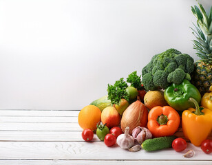Healthy food background. Food photography different fruits and vegetables on white wooden ta