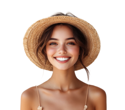 Smiling woman wearing a wide-brimmed summer hat, orange floral dress, sunglasses, cheerful mood, fashion, beauty, and sunny vibes isolated on transparent background