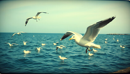 Obraz premium Vintage retro stylized photo of a seagulls, old film effect, collage style, with white tones
