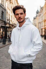 Fototapeta premium A young man in a white zipped hoodie mockup stands confidently on a cobblestone street, surrounded by historic buildings. He has a stylish haircut and a relaxed expression.