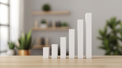 Fototapeta premium Graphical representation of growth with white bars on a wooden table in an office setting.