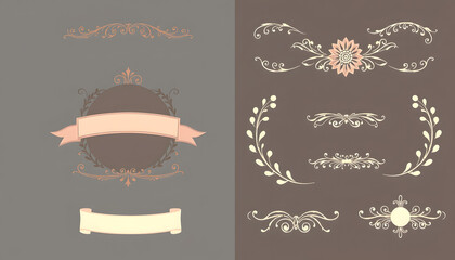 Set of Vintage Decorations Elements, clipart style, with white tones