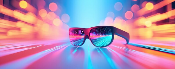 Stylish sunglasses reflecting vibrant lights in a dynamic urban environment.
