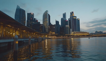 Naklejka premium Serene twilight cityscape Singapore's skyline reflected in calm waters. Modern architecture, tranquil atmosphere.