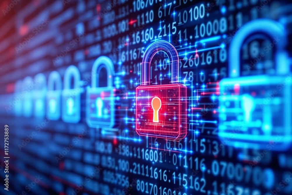 Poster glowing digital padlocks with blue and red hues, placed over binary code background, symbolizing cyb