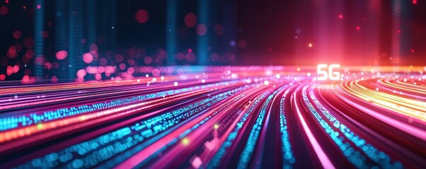 Vibrant abstract representation of speedy 5G connectivity with colorful lines and dots.