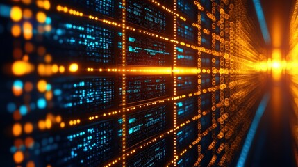 Vibrant digital data flow in a futuristic environment with striking lights.