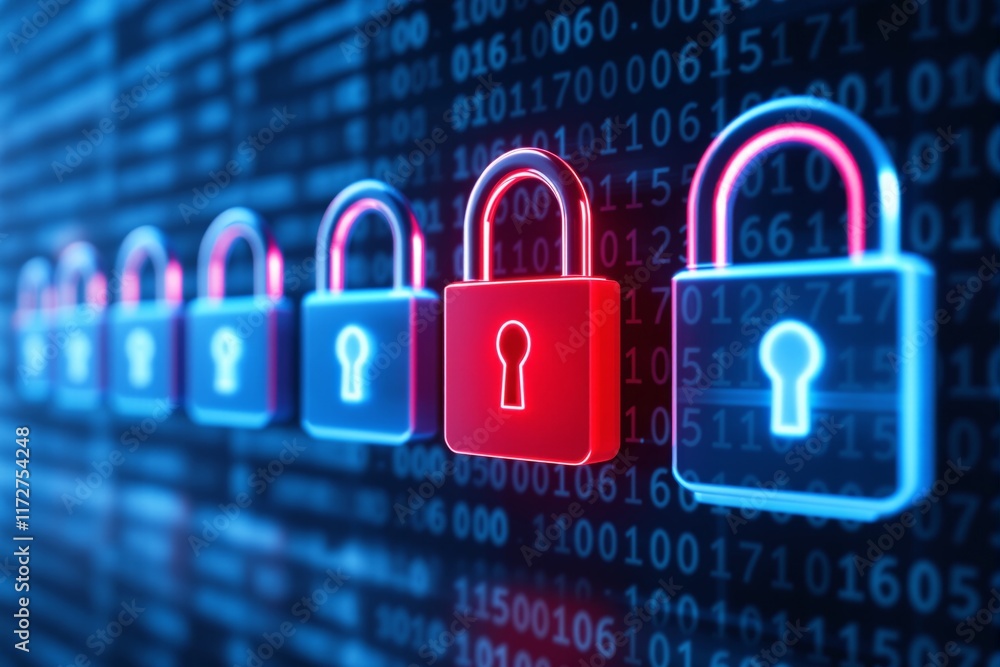 Poster a row of neon-lit padlocks, one red among blue, with a binary code background, symbolizing cyber sec