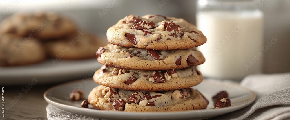 Poster stack of four chocolate chip cookies with nuts on a plate.