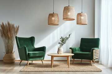 Modern living room with green velvet armchairs, rattan pendant lights, and natural decor.