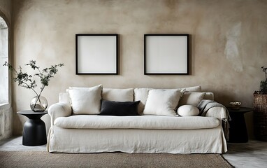 Beige sofa in minimalist room, mockup frames, natural decor.