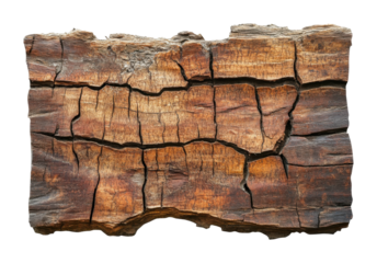 Weathered wooden plank with cracked surface and rich grain, rustic texture ideal for design projects, backgrounds, or natural decor isolated on transparent background