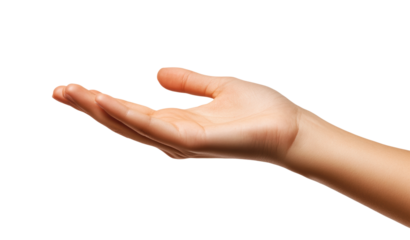 Open palm hand gesture, realistic human hand extended upward, offering or holding pose, skin texture detail, isolated on transparent background