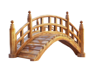 Rustic wooden footbridge with curved railings and textured planks, small decorative arched design for gardens or outdoor landscaping isolated on transparent background