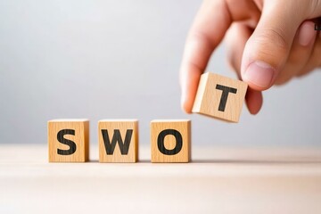 A person's hand is placing a wooden block labeled 'T' to complete the SWOT analysis acronym, symbolizing strategic planning and business development in a professional environment.