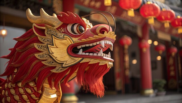 "An intricate, close-up shot of a traditional Chinese New Year dragon mask, crafted from vibrant red and gold materials, with fine details of scales, eyes, and teeth. 